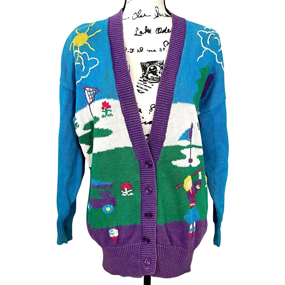 Vintage 90s Golf Girlie Cardigan Sweater Oversized Ugly Sz L Kidcore Quirky